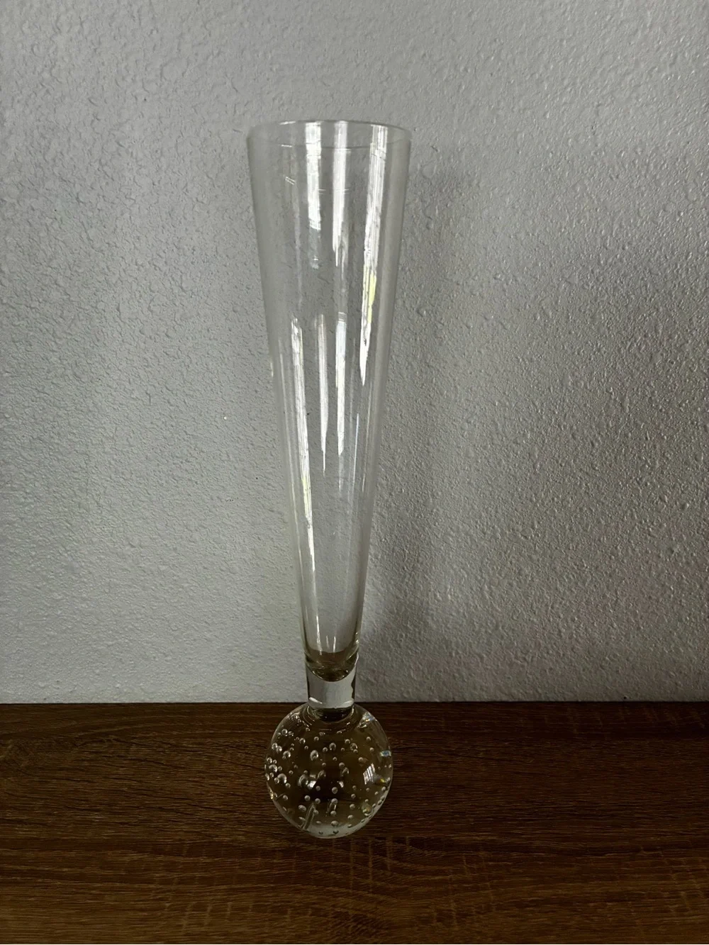 MCM 12” Clear Glass Trumpet Vase Bubble Base Vintage Minimalist